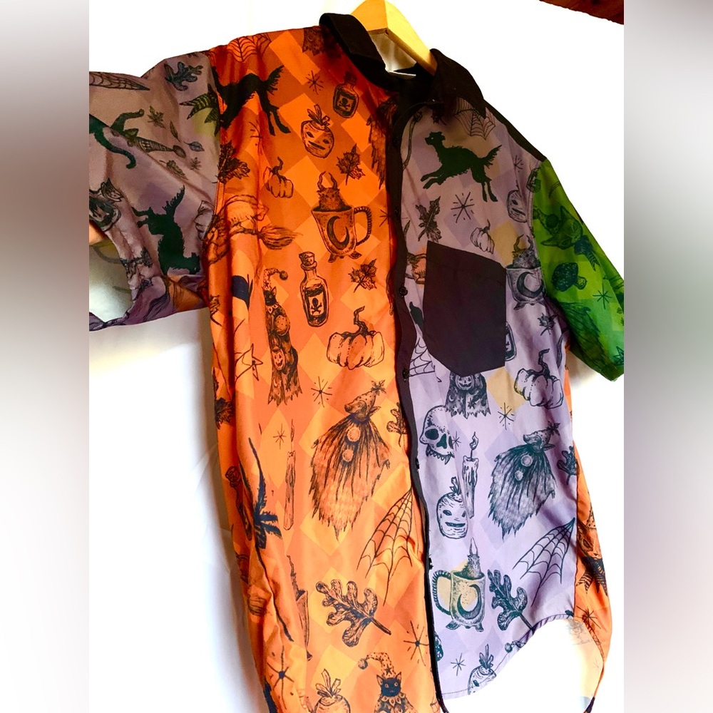 Spooky‎ Orange Green Halloween Graphic Button Down Shirt Men XL